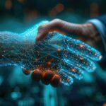 Nahaufnahme der Hand einer Führungskraft, die eine holografische Hand schüttelt, was die Verschmelzung menschlicher Führung mit KI-Technologie bei Geschäftsinnovationen darstellt
